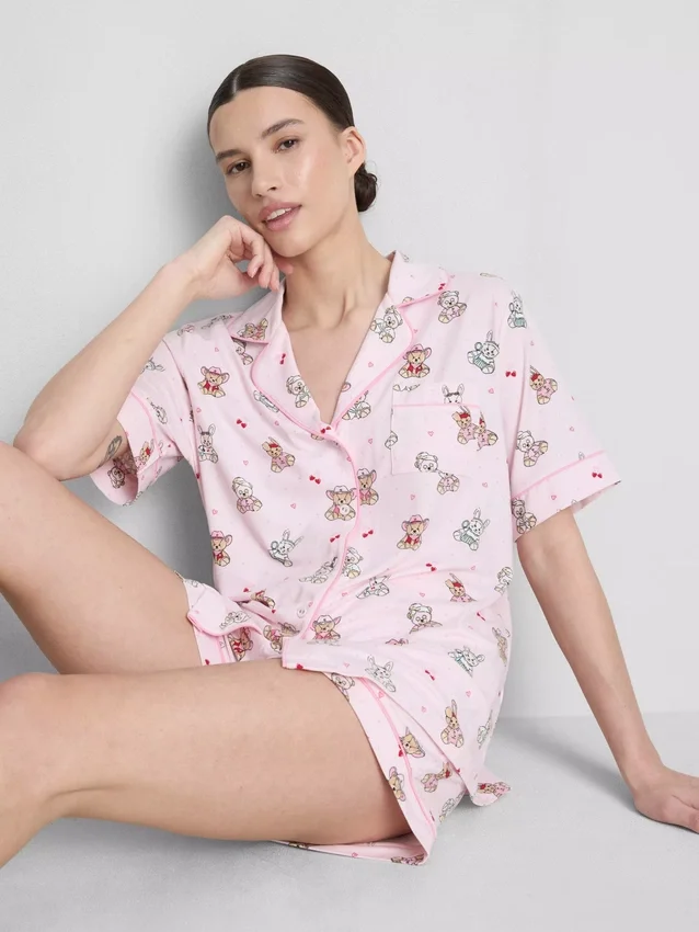 Pijamas curto estilo «boyfriend» com estampa de ursinhos