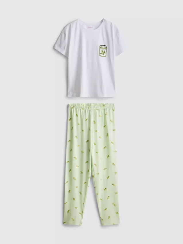 Pijamas de algodão com gola redonda e estampado