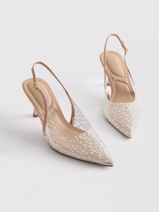 Sapatos de salto alto com tiras traseiras «Diamanta» com imitações de pérolas