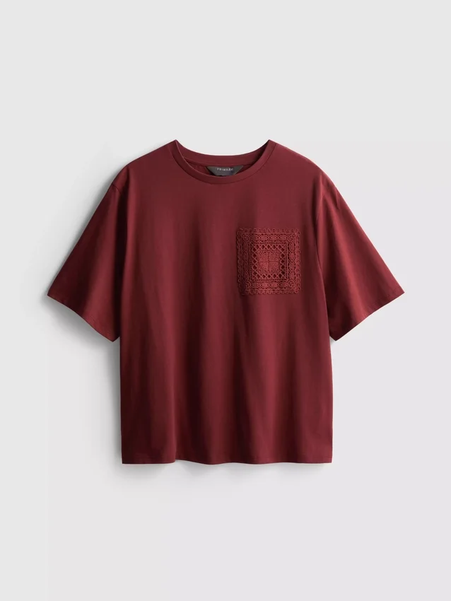 T-shirt de algodão de manga curta em croché