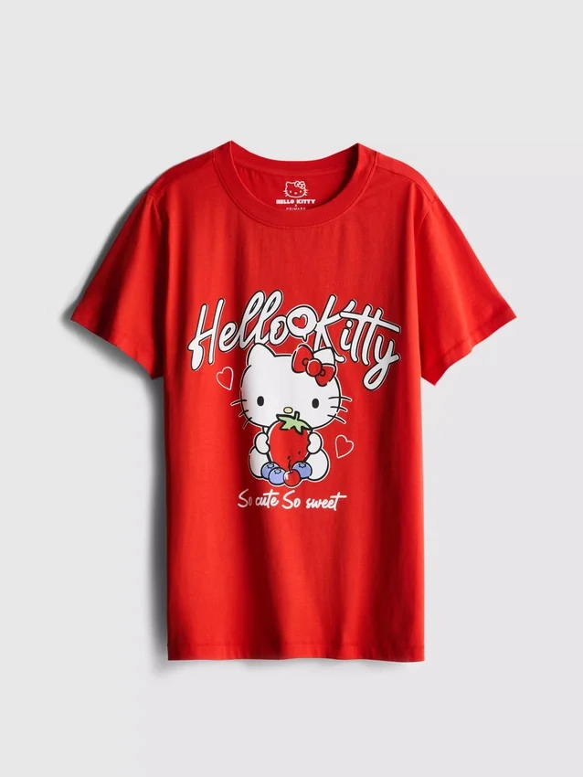T-shirt de algodão Hello Kitty com padrão de morangos