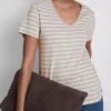 T-shirt de algodão às riscas com decote em V