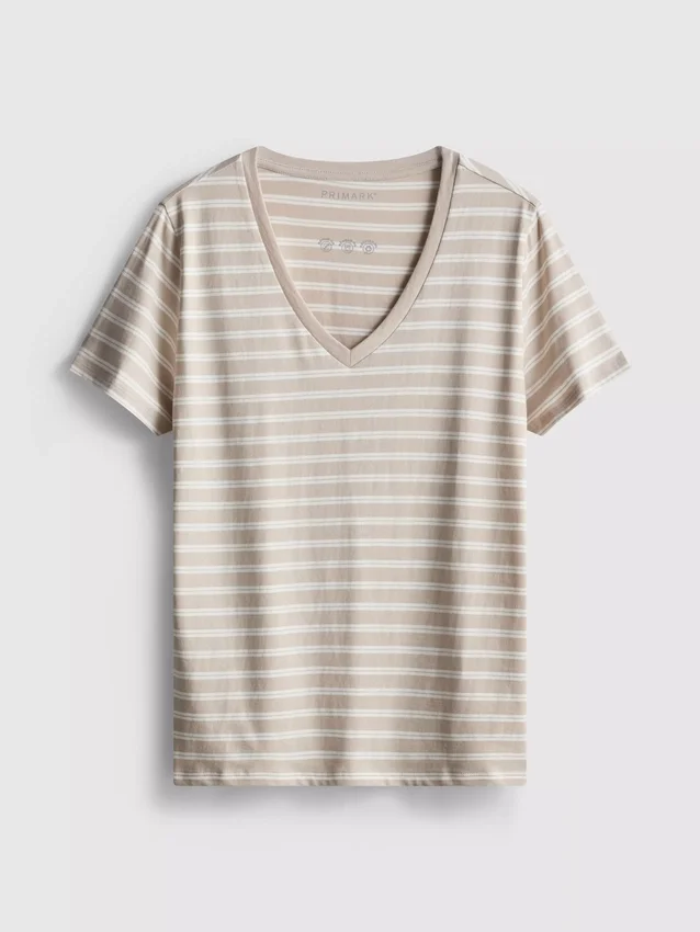 T-shirt de algodão às riscas com decote em V
