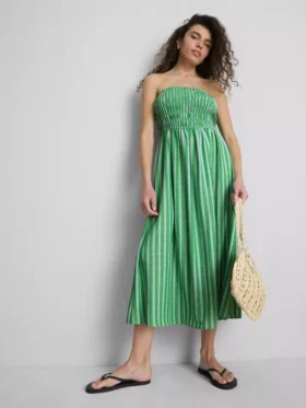 The Primark Scene | Vestido midi bandeau com riscas franzidas