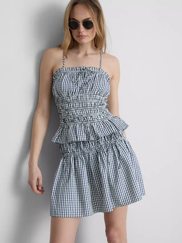 Top camisola com peplum em xadrez franzido