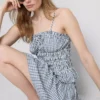 Top camisola com peplum em xadrez franzido
