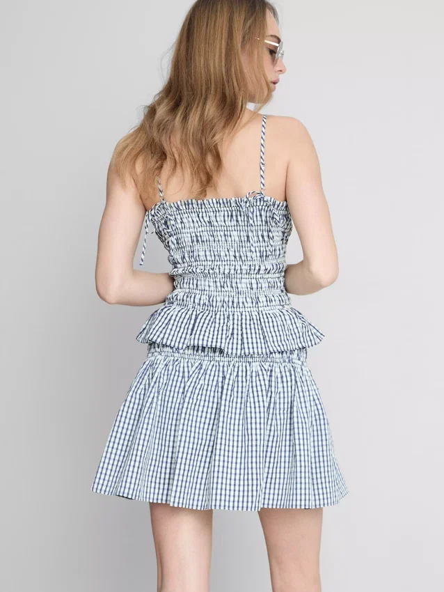 Top camisola com peplum em xadrez franzido
