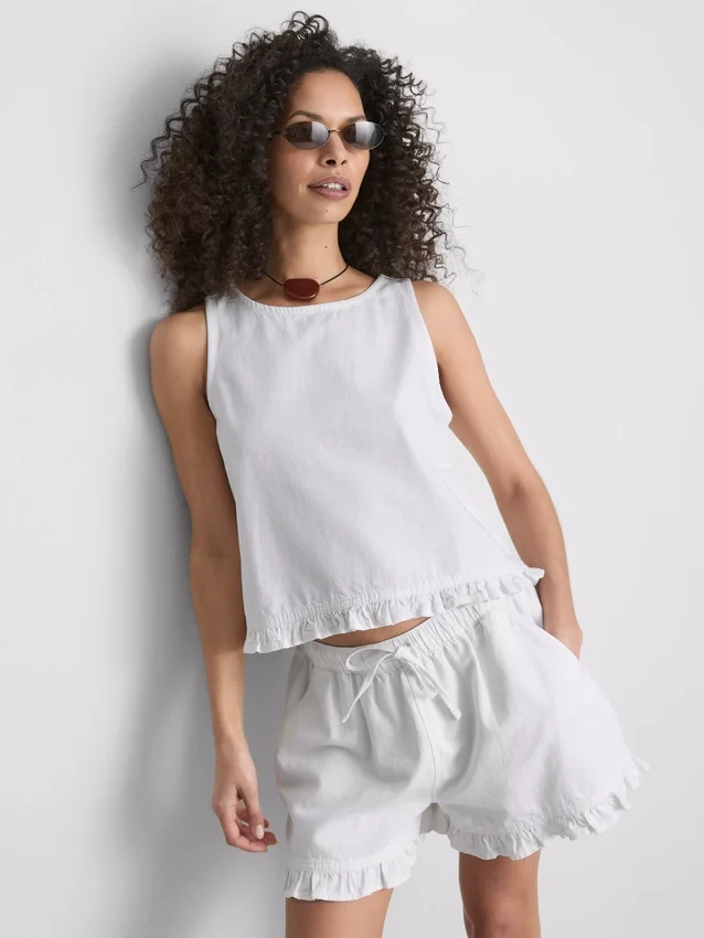 Top curto de algodão denim com folhos