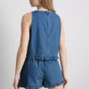 Top curto de algodão denim com folhos