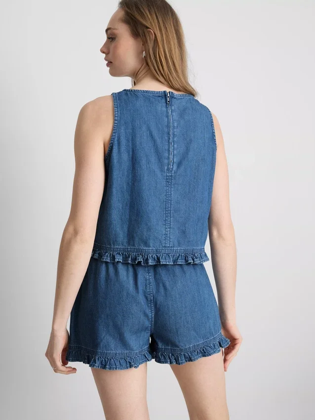 Top curto de algodão denim com folhos