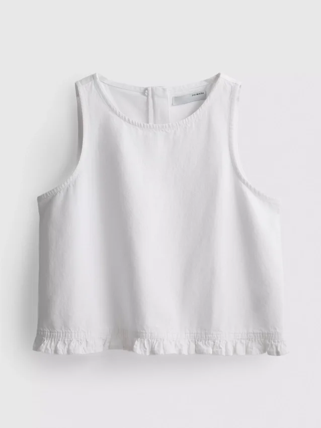 Top curto de algodão denim com folhos