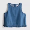Top curto de algodão denim com folhos