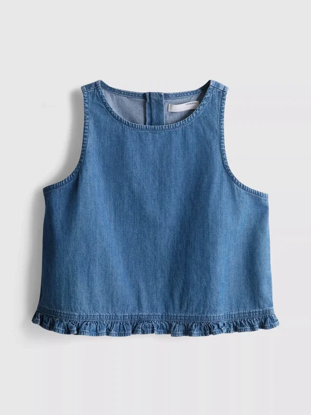 Top curto de algodão denim com folhos