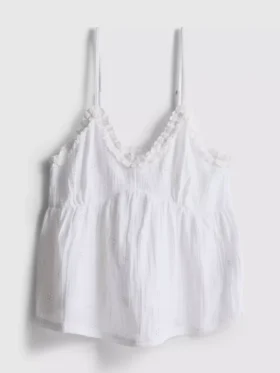 Top de alças com folhos, tecido, perfeito para relaxar