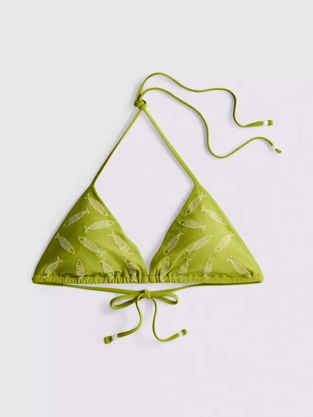Top de biquíni triangular com peixes bordados