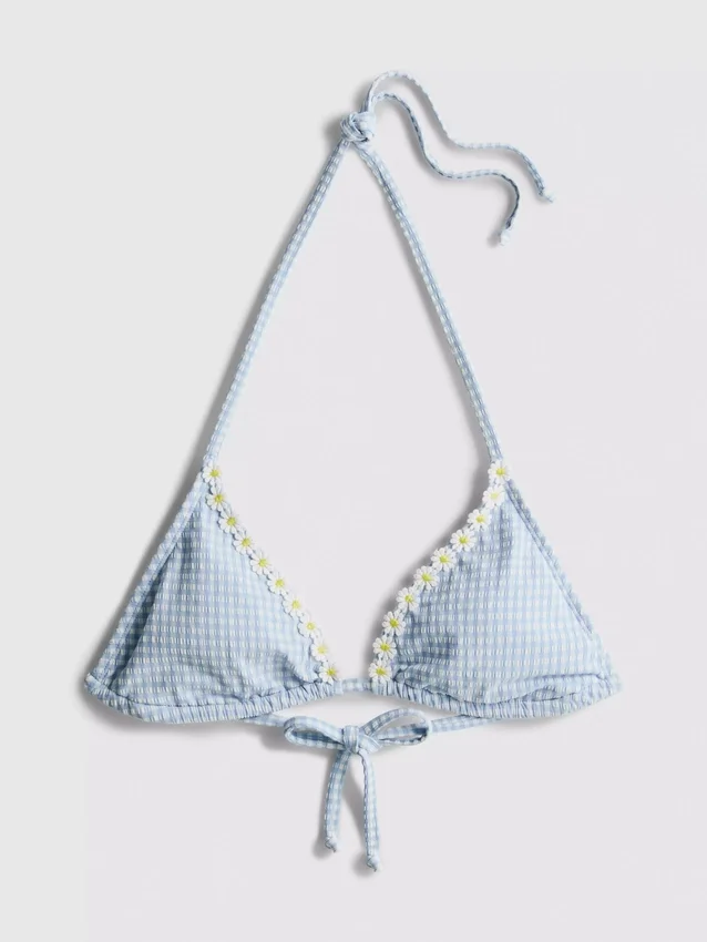 Top de biquíni triangular xadrez com acabamento em margaridas