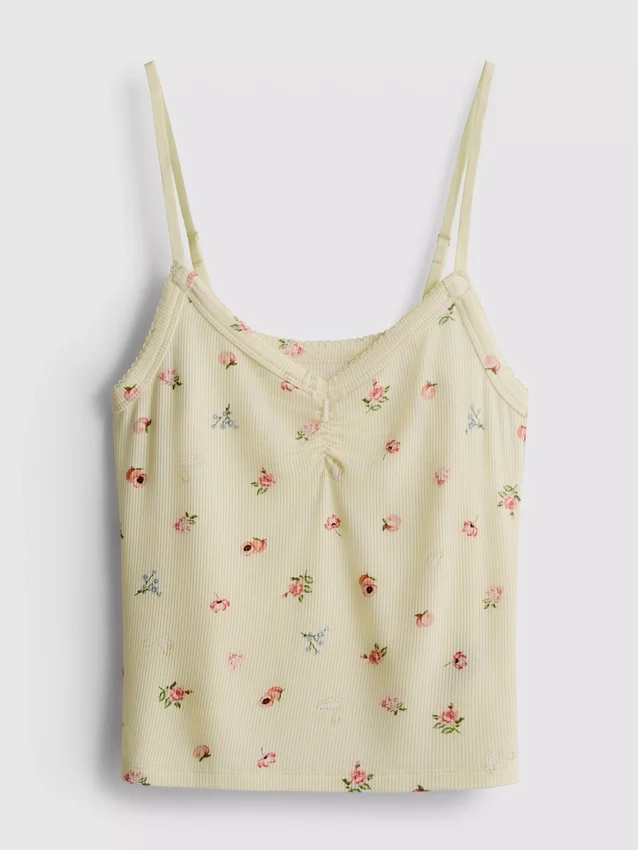 Top de pijama com alças finas e padrão floral em tecido canelado