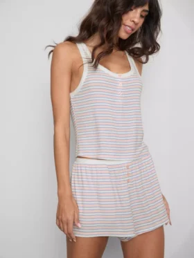 Top de pijama com alças, às riscas e com canelado