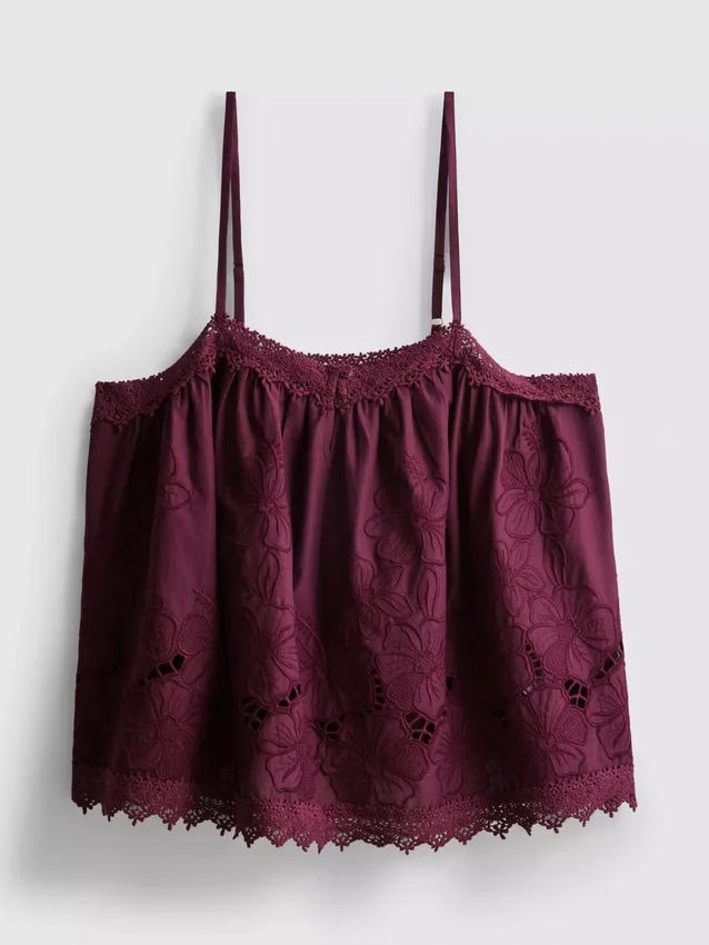 Top tipo cami de algodão com bordado floral