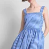 Vestido maxi listrado com bordados