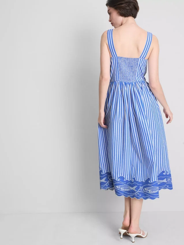 Vestido maxi listrado com bordados