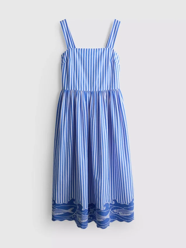 Vestido maxi listrado com bordados