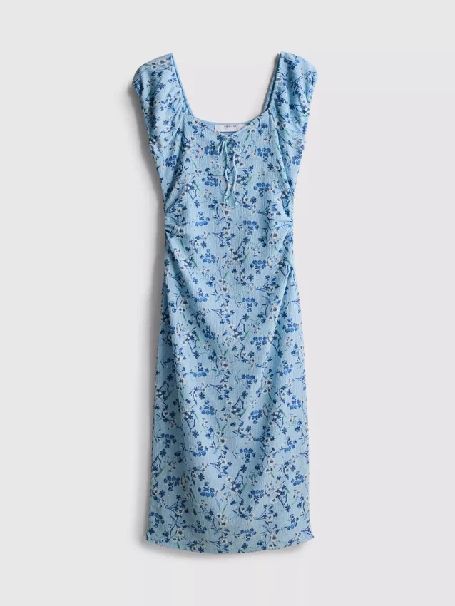 Vestido midi com decote em coração e efeito enrugado