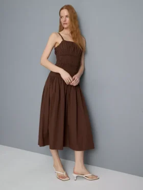 Vestido midi de algodão com decote quadrado e franzido