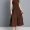 Vestido midi de algodão com decote quadrado e franzido