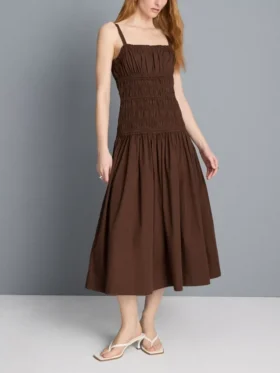 Vestido midi de algodão com decote quadrado e franzido