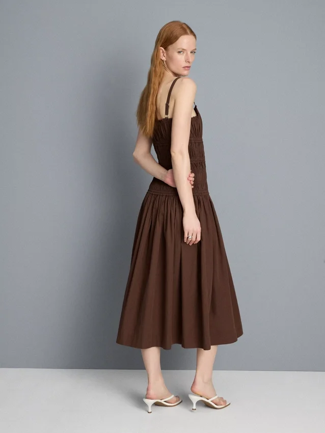 Vestido midi de algodão com decote quadrado e franzido