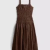 Vestido midi de algodão com decote quadrado e franzido