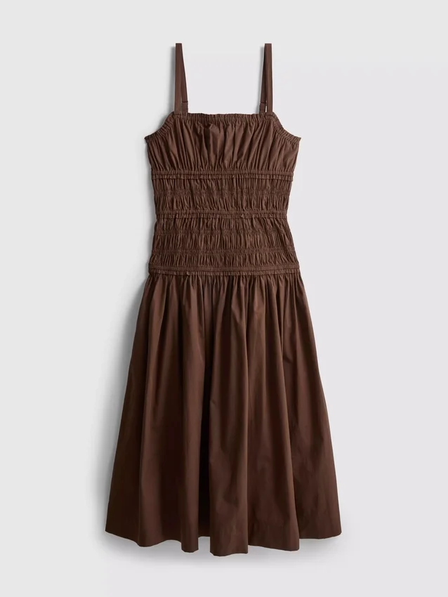 Vestido midi de algodão com decote quadrado e franzido