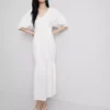 Vestido midi de algodão seersucker com corte smock
