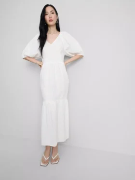 Vestido midi de algodão seersucker com corte smock