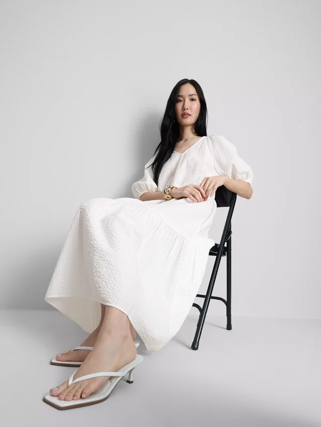 Vestido midi de algodão seersucker com corte smock
