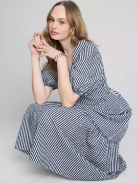 Vestido midi de algodão seersucker com corte smock