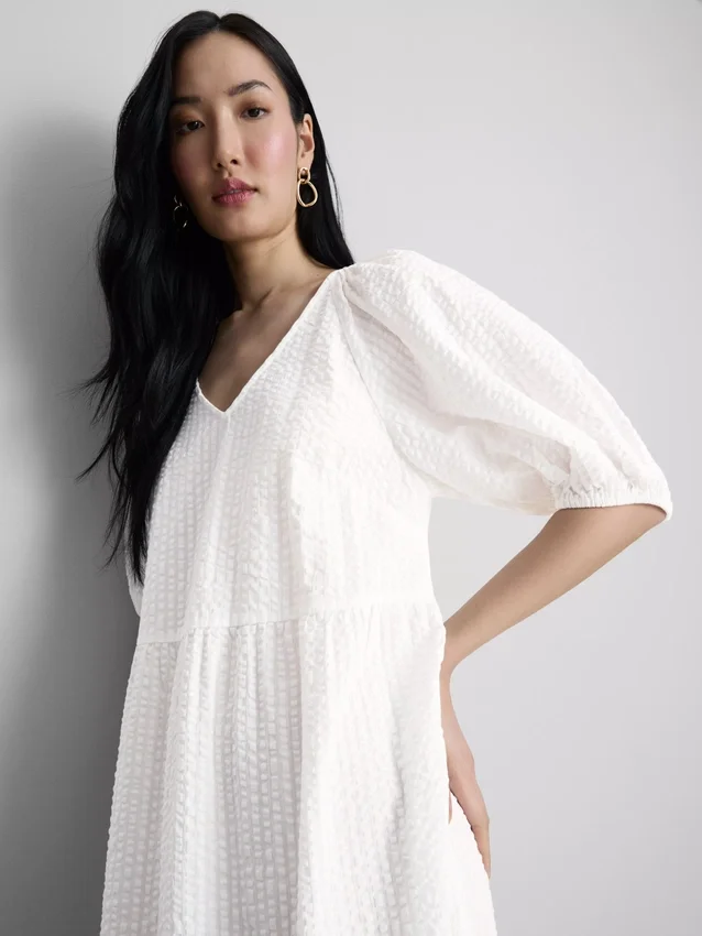 Vestido midi de algodão seersucker com corte smock