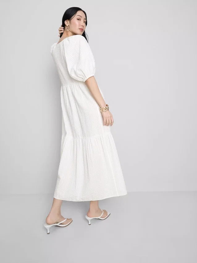 Vestido midi de algodão seersucker com corte smock