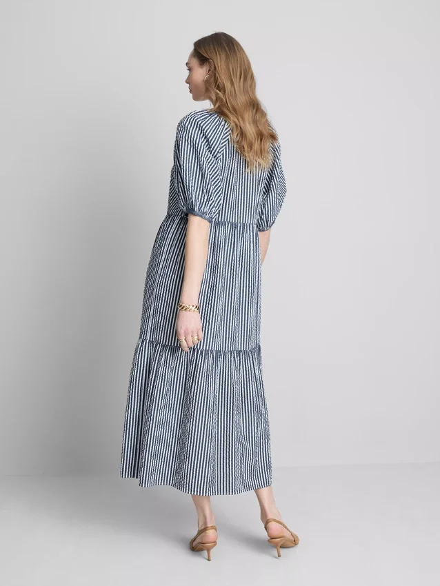 Vestido midi de algodão seersucker com corte smock