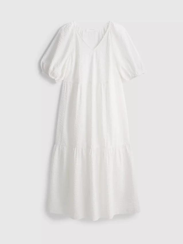 Vestido midi de algodão seersucker com corte smock