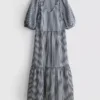 Vestido midi de algodão seersucker com corte smock