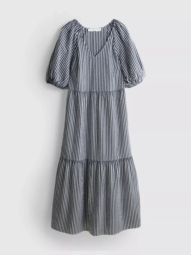 Vestido midi de algodão seersucker com corte smock