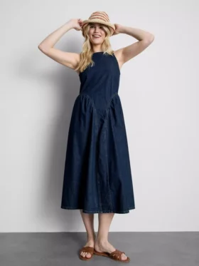 Vestido midi de ganga de algodão com cintura descida