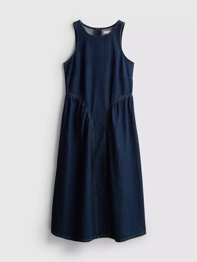 Vestido midi de ganga de algodão com cintura descida
