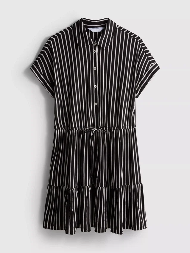 Vestido mini de camisa às riscas em camadas