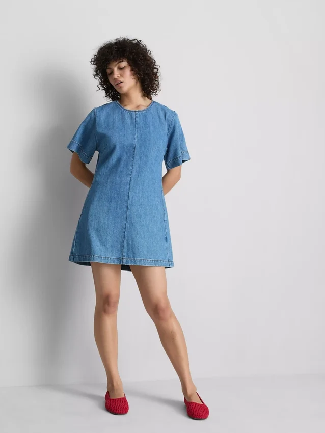 Vestido mini reto em ganga de algodão