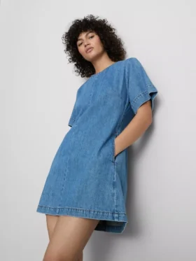 Vestido mini reto em ganga de algodão