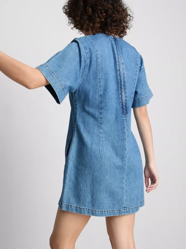 Vestido mini reto em ganga de algodão