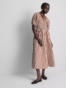 Vestido smock midi-longo às riscas em algodão